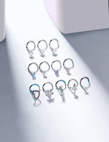 Prjndjw Opal Nose Rings Studs 20G Surgical Steel Nose Rings Studs Hypoallergenic diamond Silver Nose Piercing jewelry l shaped nose ring cubic zirconia corkscrew straight opal nose stud 2mm in Saudi Arabia
