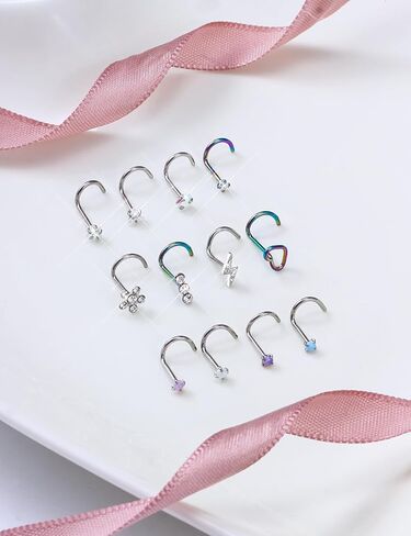Prjndjw Opal Nose Rings Studs 20G Surgical Steel Nose Rings Studs Hypoallergenic diamond Silver Nose Piercing jewelry l shaped nose ring cubic zirconia corkscrew straight opal nose stud 2mm in Saudi Arabia