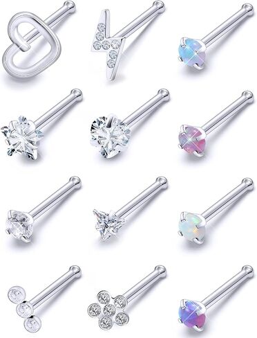 Prjndjw Opal Nose Rings Studs 20G Surgical Steel Nose Rings Studs Hypoallergenic diamond Silver Nose Piercing jewelry l shaped nose ring cubic zirconia corkscrew straight opal nose stud 2mm in Saudi Arabia