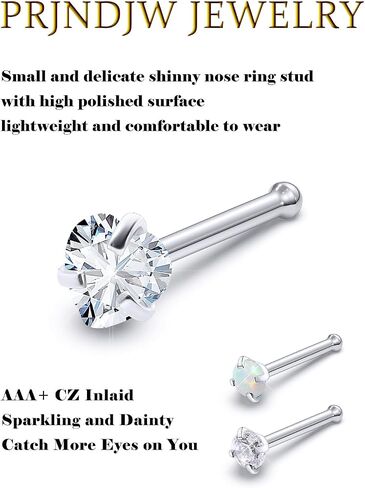 Prjndjw Opal Nose Rings Studs 20G Surgical Steel Nose Rings Studs Hypoallergenic diamond Silver Nose Piercing jewelry l shaped nose ring cubic zirconia corkscrew straight opal nose stud 2mm in Saudi Arabia