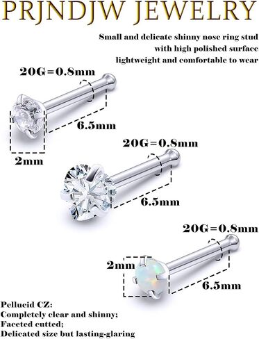 Prjndjw Opal Nose Rings Studs 20G Surgical Steel Nose Rings Studs Hypoallergenic diamond Silver Nose Piercing jewelry l shaped nose ring cubic zirconia corkscrew straight opal nose stud 2mm in Saudi Arabia