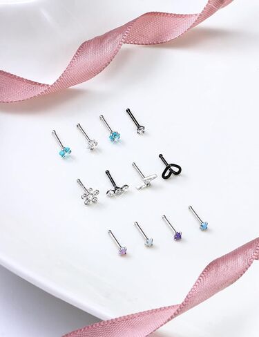 Prjndjw Opal Nose Rings Studs 20G Surgical Steel Nose Rings Studs Hypoallergenic diamond Silver Nose Piercing jewelry l shaped nose ring cubic zirconia corkscrew straight opal nose stud 2mm in Saudi Arabia