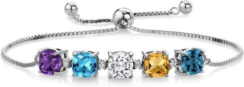 Gem Stone King 925 الفضة الاسترليني مخصصة وشخصية 5 حجر 6 مم وسادة قطع الأحجار الكريمة جوهرة الميلاد وسوار التنس الماسي الأبيض المزروع في المختبر للنساء قابل للتعديل بالكامل حتى 9 بوصة in Saudi Arabia