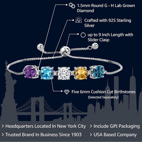 Gem Stone King 925 الفضة الاسترليني مخصصة وشخصية 5 حجر 6 مم وسادة قطع الأحجار الكريمة جوهرة الميلاد وسوار التنس الماسي الأبيض المزروع في المختبر للنساء قابل للتعديل بالكامل حتى 9 بوصة in Saudi Arabia