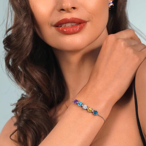 Gem Stone King 925 الفضة الاسترليني مخصصة وشخصية 5 حجر 6 مم وسادة قطع الأحجار الكريمة جوهرة الميلاد وسوار التنس الماسي الأبيض المزروع في المختبر للنساء قابل للتعديل بالكامل حتى 9 بوصة in Saudi Arabia