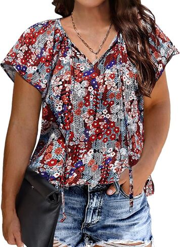 IN'VOLAND Womens Plus Size Boho Floral Print Tops Casual V Neck Short Sleeve 2023 Summer Drawstring Blouses Shirts in Saudi Arabia