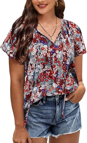 IN'VOLAND Womens Plus Size Boho Floral Print Tops Casual V Neck Short Sleeve 2023 Summer Drawstring Blouses Shirts in Saudi Arabia