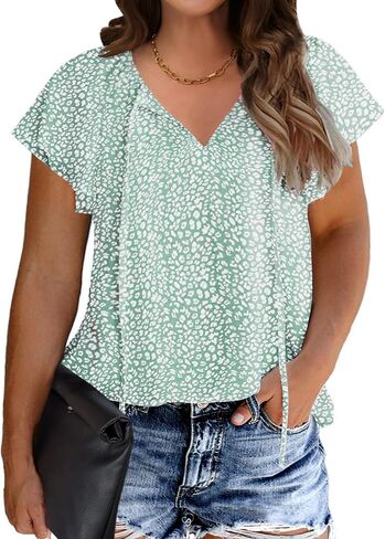 IN'VOLAND Womens Plus Size Boho Floral Print Tops Casual V Neck Short Sleeve 2023 Summer Drawstring Blouses Shirts in Saudi Arabia