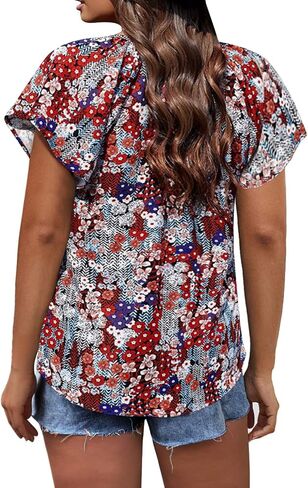 IN'VOLAND Womens Plus Size Boho Floral Print Tops Casual V Neck Short Sleeve 2023 Summer Drawstring Blouses Shirts in Saudi Arabia