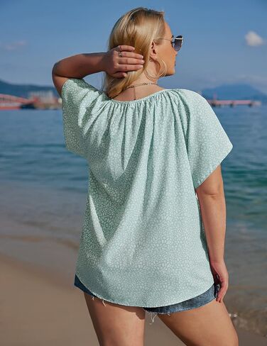 IN'VOLAND Womens Plus Size Boho Floral Print Tops Casual V Neck Short Sleeve 2023 Summer Drawstring Blouses Shirts in Saudi Arabia