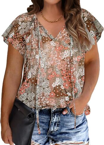IN'VOLAND Womens Plus Size Boho Floral Print Tops Casual V Neck Short Sleeve 2023 Summer Drawstring Blouses Shirts in Saudi Arabia
