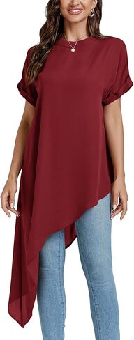 LYANER Women's Casual Mock Neck Short Sleeve Irregular Hem Loose Blouse Long Shirt Top in Kuwait