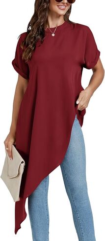 LYANER Women's Casual Mock Neck Short Sleeve Irregular Hem Loose Blouse Long Shirt Top in Kuwait