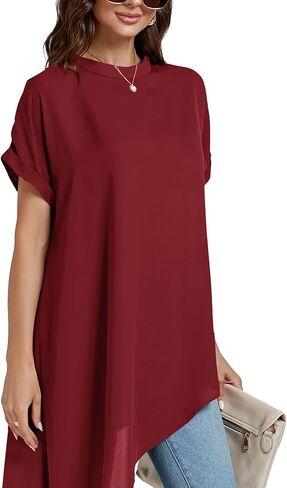 LYANER Women's Casual Mock Neck Short Sleeve Irregular Hem Loose Blouse Long Shirt Top in Kuwait