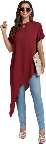 LYANER Women's Casual Mock Neck Short Sleeve Irregular Hem Loose Blouse Long Shirt Top in Kuwait