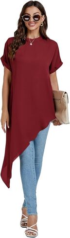 LYANER Women's Casual Mock Neck Short Sleeve Irregular Hem Loose Blouse Long Shirt Top in Kuwait