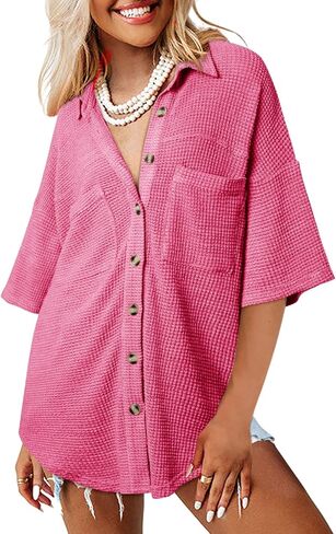 Dokotoo Womens Waffle Knit Tops Casual 3/4 Bell Sleeve Button Down Shirts Lapel V Neck Dressy Blouses with Pocket in Saudi Arabia