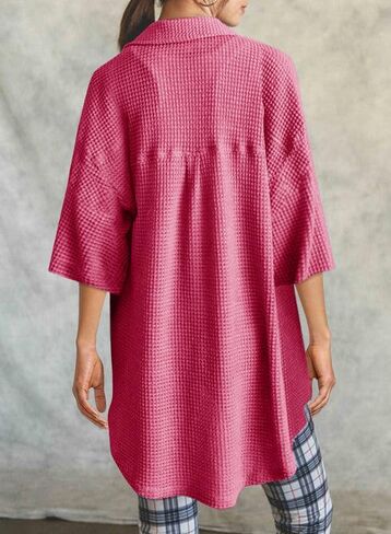 Dokotoo Womens Waffle Knit Tops Casual 3/4 Bell Sleeve Button Down Shirts Lapel V Neck Dressy Blouses with Pocket in Saudi Arabia