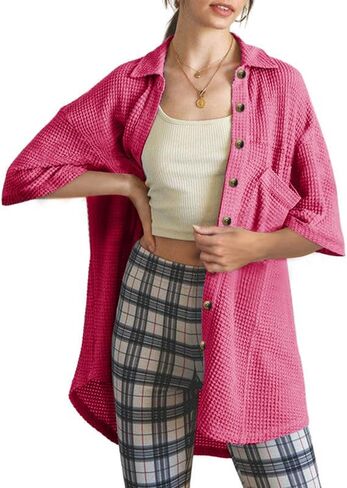 Dokotoo Womens Waffle Knit Tops Casual 3/4 Bell Sleeve Button Down Shirts Lapel V Neck Dressy Blouses with Pocket in Saudi Arabia