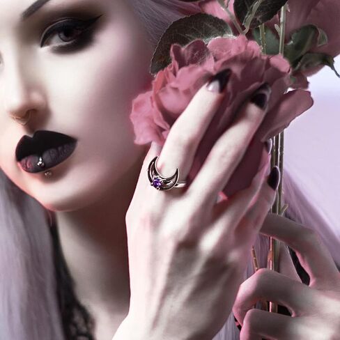 Rhea Moon Ring by Rogue+Wolf Halloween Silver Engagement Promise Crystal Wedding Rings for Women, Gothic Witch Y2K Jewelry Emo Goth Accessories, Stackable Boho Aesthetics for Teen Girls, Grunge Anime Indie Dainty Stainless Steel Witchy Creepy Gift in Saudi Arabia