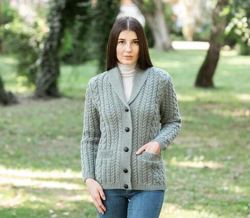 SAOL Shawl Neck Cardigan for Ladies 100% Merino Wool Buttoned V-Neck Sweater with Pockets for Women Made in Ireland in Saudi Arabia