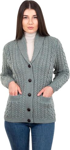 SAOL Shawl Neck Cardigan for Ladies 100% Merino Wool Buttoned V-Neck Sweater with Pockets for Women Made in Ireland in Saudi Arabia