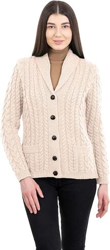 SAOL Shawl Neck Cardigan for Ladies 100% Merino Wool Buttoned V-Neck Sweater with Pockets for Women Made in Ireland in Saudi Arabia