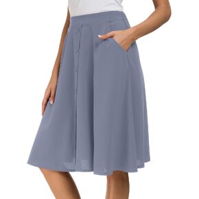 Sinono Womens Casual Pleated High Waisted A Line Midi Button Front Skirts with Pockets