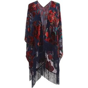 فستان Genovega بوشاح روانا المنقوش المخملي - فستان كارديجان نسائي زهري مع شراشيب in Kuwait