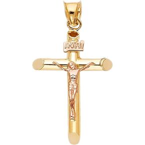 Solid 14K Yellow Rose Gold Crucifix Pendant - Two Tone Jesus Cross Charm Religious Pendant - Suitable for Men & Women - Great Gift for Christmas & All Occasion in Saudi Arabia