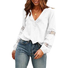 Viracy Womens V Neck Lantern Long Sleeve Blouse Hollow Out Casual Shirts Tops