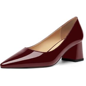 DEMOSHINE Womens Patent Dating Pointed Toe Slip On Casual Chunky Low Heel Pumps Shoes 2.2 Inch