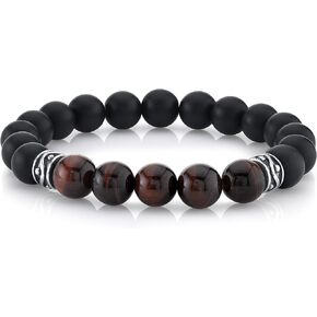 Spartan Mens Beaded Bracet with Matte Black Agate and Various Gems with 925 Sterling Silver Connectors - 10mm
