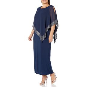 S.L. Fashions Women's Plus Size Long Cold Shoulder Capelet Dress with Metallic Trim in Kuwait