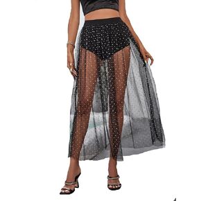 Milumia Women's 2 in 1 Sheer Mesh Skirt Galaxy Print See Through High Waist Maxi Skirt