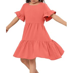 Geckatte Girls Dresses Summer Casual Floral Print Ruffle Short Sleeve Tiered Pleated Kids A-Line T-Shirt Dress Size 5-14 in Kuwait