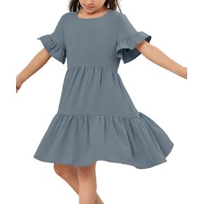 Geckatte Girls Dresses Summer Casual Floral Print Ruffle Short Sleeve Tiered Pleated Kids A-Line T-Shirt Dress Size 5-14 in Saudi Arabia