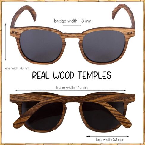 ووديز نظارة شمسية مستقطبة من خشب الحمار الوحشي بالكامل للرجال والنساء | عدسات مستقطبة سوداء واطار خشبي حقيقي | حماية 100% من الاشعة فوق البنفسجية الطويلة والمتوسطة in Kuwait