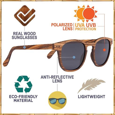 ووديز نظارة شمسية مستقطبة من خشب الحمار الوحشي بالكامل للرجال والنساء | عدسات مستقطبة سوداء واطار خشبي حقيقي | حماية 100% من الاشعة فوق البنفسجية الطويلة والمتوسطة in Kuwait