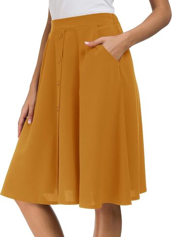 Sinono Womens Casual Pleated High Waisted A Line Midi Button Front Skirts with Pockets in Kuwait