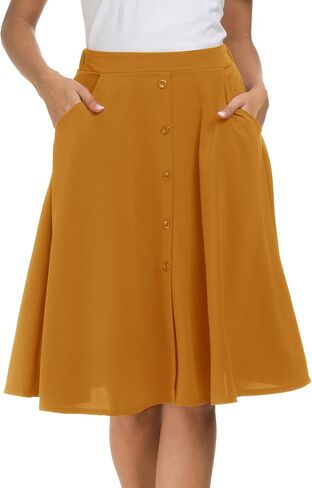 Sinono Womens Casual Pleated High Waisted A Line Midi Button Front Skirts with Pockets in Kuwait
