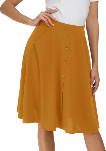 Sinono Womens Casual Pleated High Waisted A Line Midi Button Front Skirts with Pockets in Kuwait