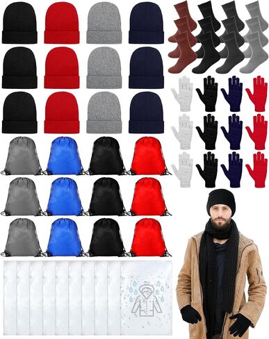 Suhine 60 Pcs Homeless Care Package Supplies Winter Beanie Hat Gloves Warm Socks Drawstring Bags Rain Ponchos with Hood for Donation Charity in Saudi Arabia