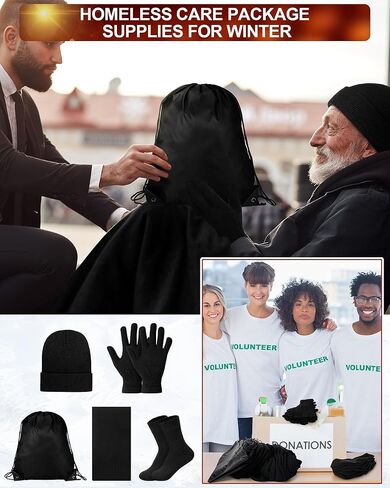 Suhine 60 Pcs Homeless Care Package Supplies Winter Beanie Hat Gloves Warm Socks Drawstring Bags Rain Ponchos with Hood for Donation Charity in Saudi Arabia
