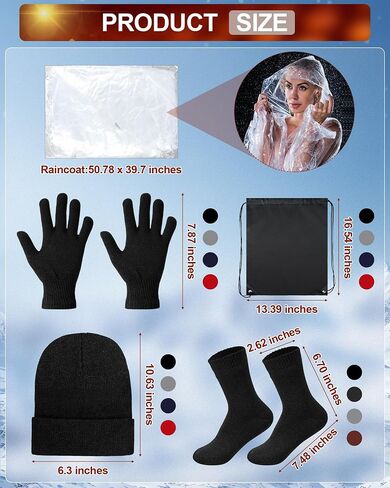 Suhine 60 Pcs Homeless Care Package Supplies Winter Beanie Hat Gloves Warm Socks Drawstring Bags Rain Ponchos with Hood for Donation Charity in Saudi Arabia