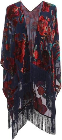 فستان Genovega بوشاح روانا المنقوش المخملي - فستان كارديجان نسائي زهري مع شراشيب in Kuwait