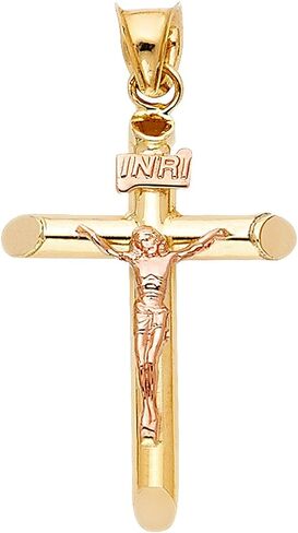 قلادة صليب من الذهب الوردي عيار 14 قيراط - قلادة دينية على شكل صليب يسوع بدرجتين - مناسبة للرجال والنساء - هدية رائعة لعيد الميلاد وجميع المناسبات in Kuwait