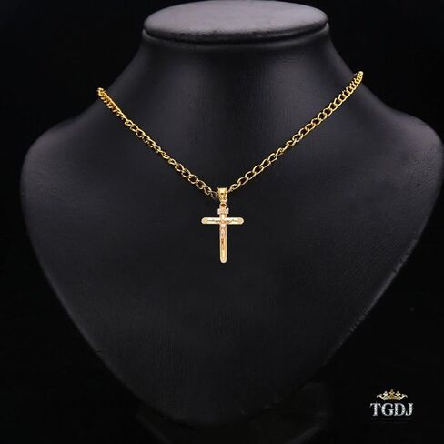 قلادة صليب من الذهب الوردي عيار 14 قيراط - قلادة دينية على شكل صليب يسوع بدرجتين - مناسبة للرجال والنساء - هدية رائعة لعيد الميلاد وجميع المناسبات in Kuwait