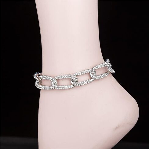 kelistom 18K White Gold Plated Cuban Link Anklet for Women Teen Girls Men, Iced Out Rhinestones Filled Chain Ankle Bracelets for Women with Paperclip Extension in Saudi Arabia