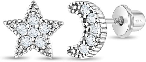 925 Sterling Silver Cubic Zirconia Moon & Star Screw Back Earrings For Girls and Teens - Screw Back Locking Excellent for Little Girls - Gorgeous CZ Cluster Star Earrings for Girls in Saudi Arabia